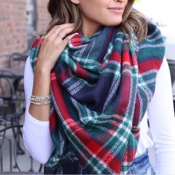 SOLD OUT Navy Holiday Plaid Winter Blanket Scarf - Picture 2 of 4